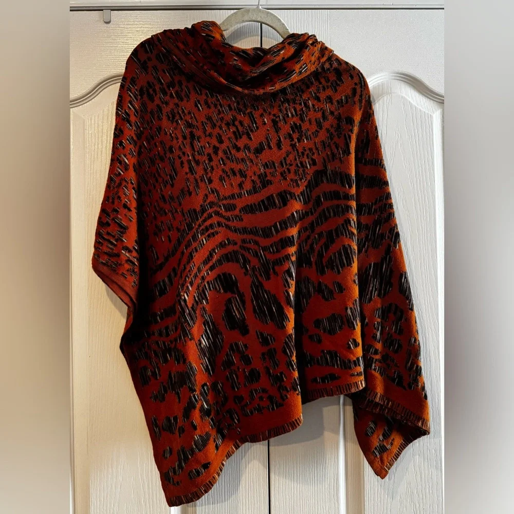 Vintage Concept Orange and Brown Turtleneck Poncho - Size L
